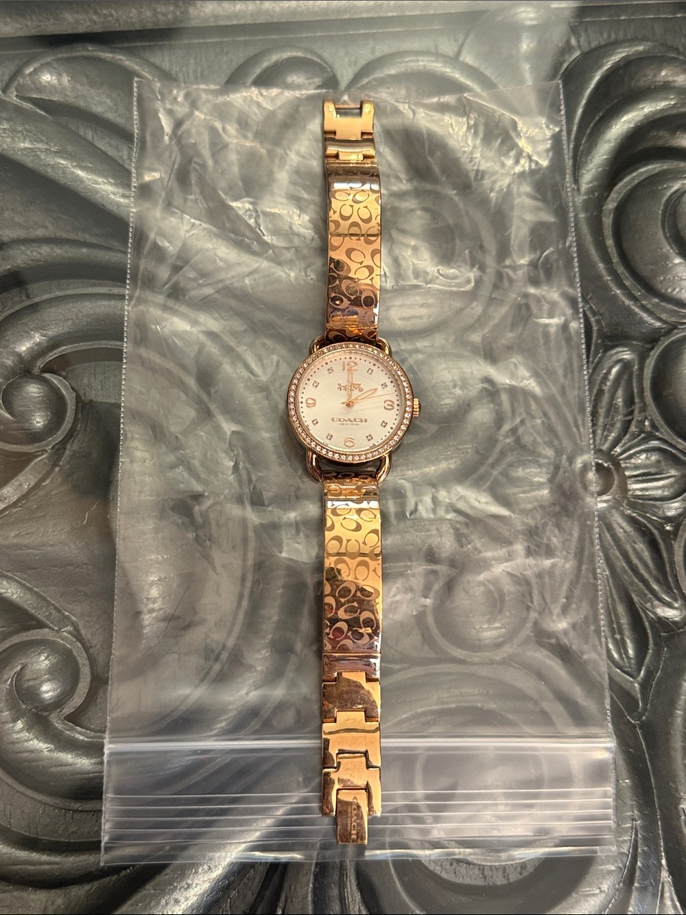 Coach Delancey Swarovski Crystal Rose Gold Signature Bracelet Link Watch